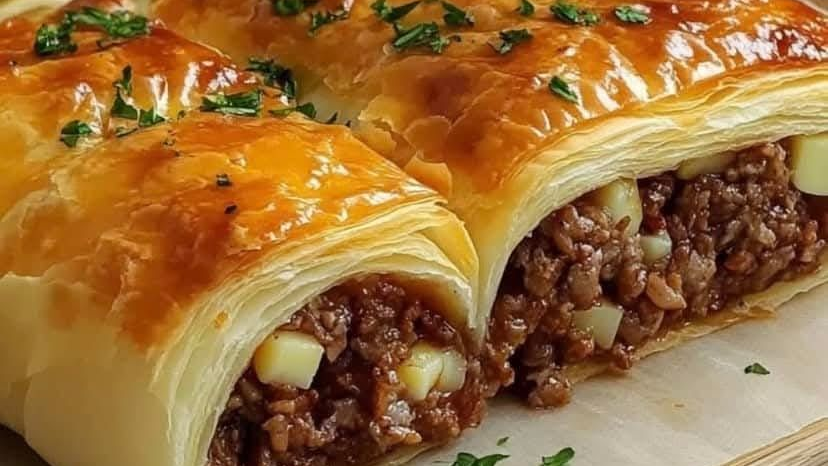 ENROLADINHO DE CARNE COM QUEIJO NA MASSA FOLHADA