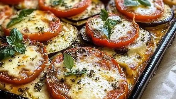BERINJELA ASSADA COM TOMATE E QUEIJO