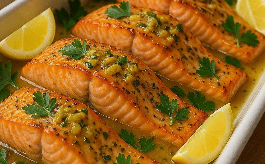 Salmão assado com crosta de ervas e batatas douradas