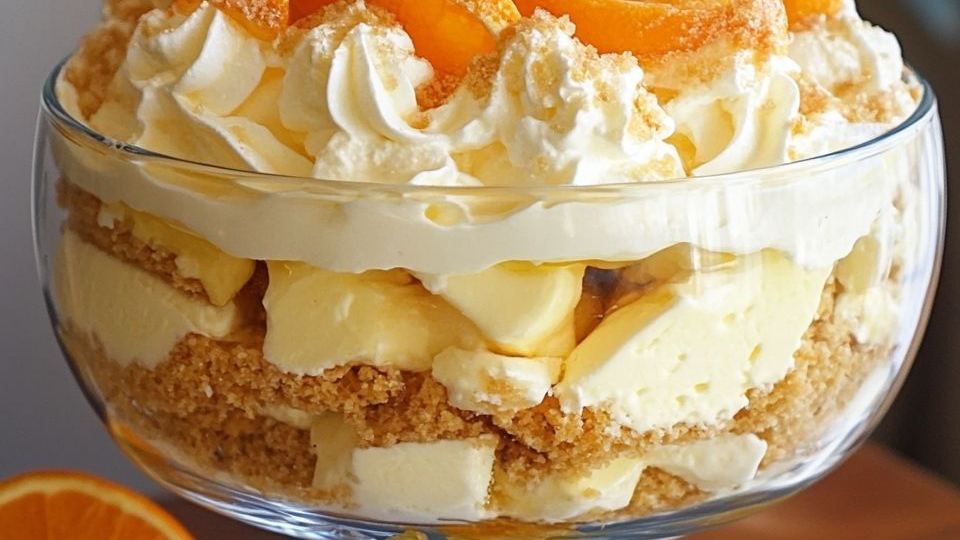 Taça cremosa de laranja com chantilly e farofa crocante